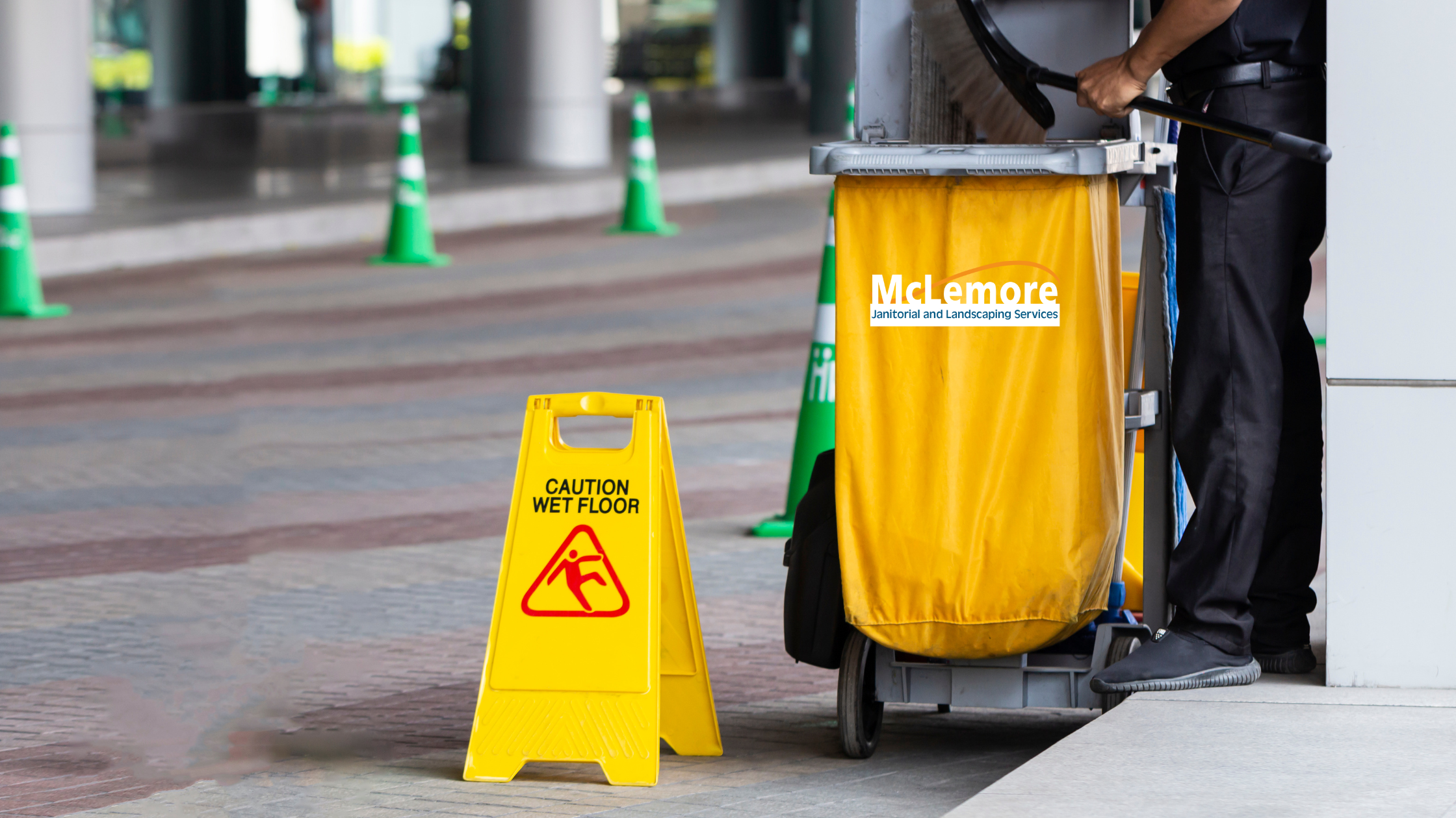 wet floor sign and trashcan