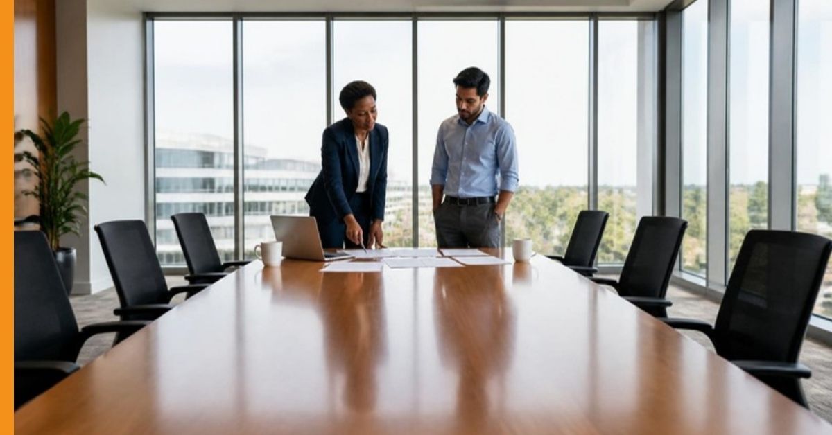 A facility director and a colleague standing at a conference table, discussing a printed janitorial contract