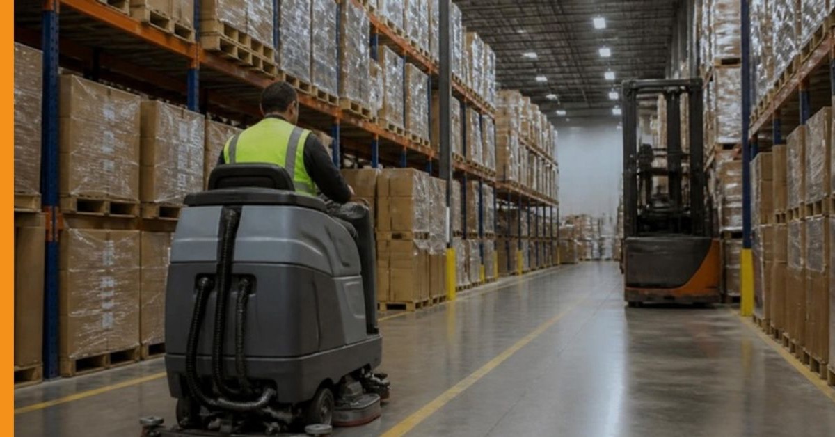 Ride-on floor scrubber working a lane in a distribution center while racking and forklifts sit in the background
