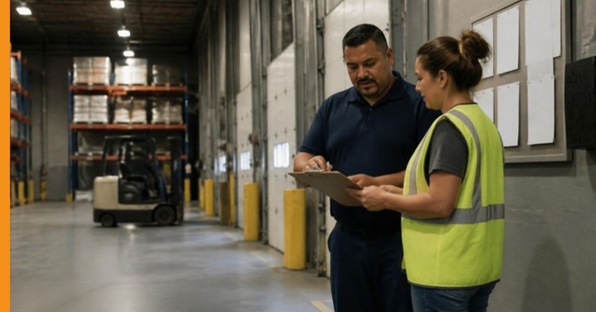 Custodial supervisor and site safety lead reviewing a safety board by distribution center dock doors at night